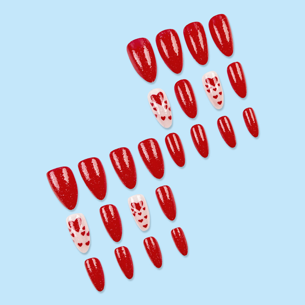 Día de San Valentín de venta transfronteriza manicure rojo simple tipo almendra parche de uñas amor polvo brillante usar manicure