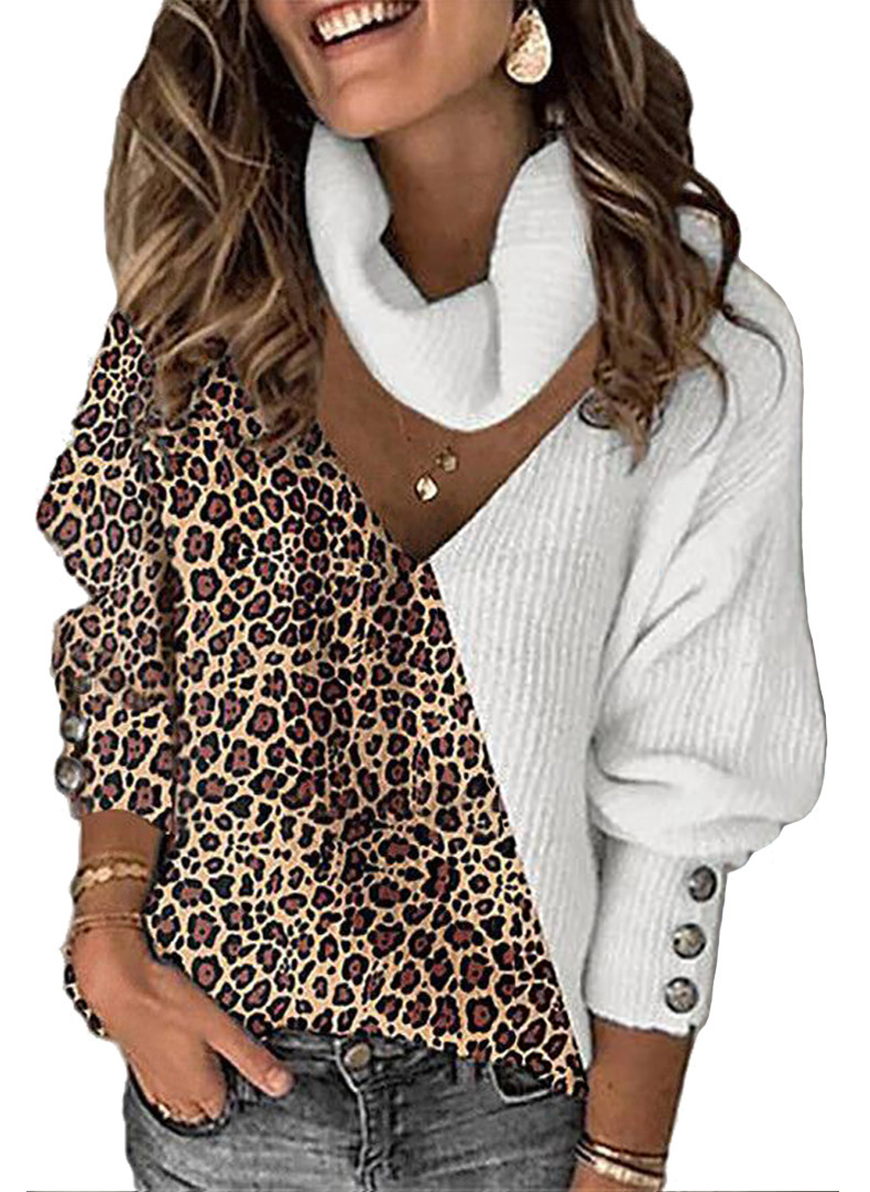 leopard print color matching V-neck loose neck openwork sweater nihaostyles wholesale clothes NSSYV105674