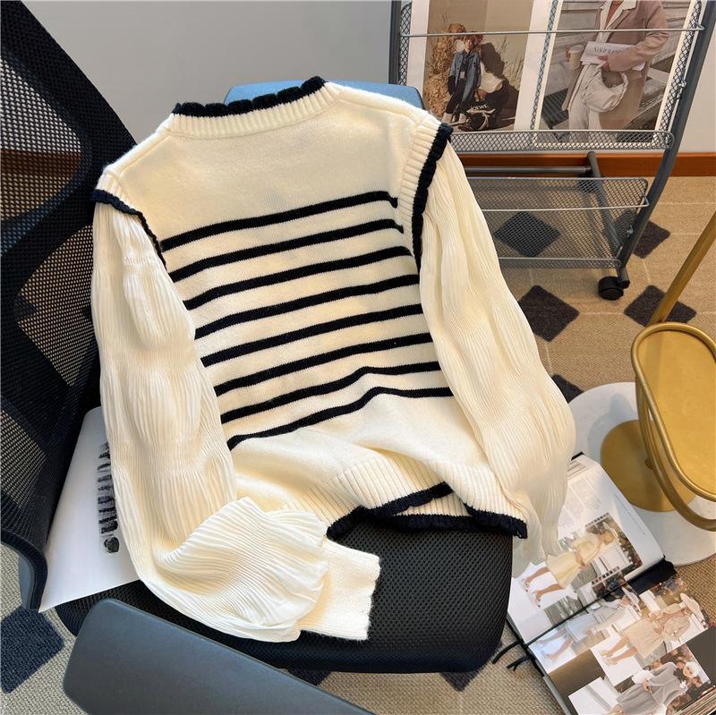 Diseño de costura a rayas de punto cardigan puff manga suéter de gasa corto elegante falso de dos piezas Top Otoño image 5