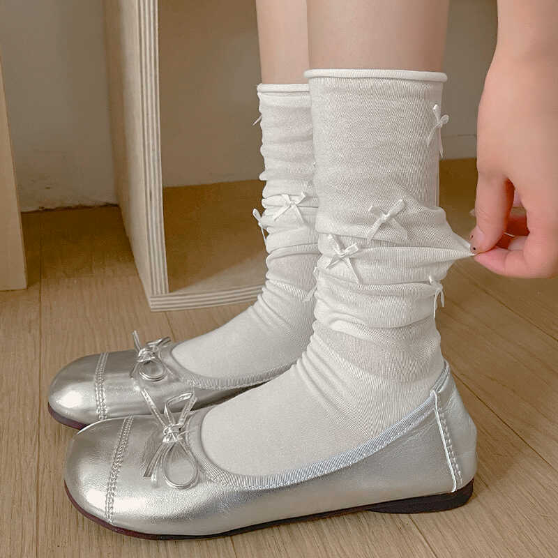Ballet Style Calf Socks for Women Summer Thin White Bow Mid-Calf Miu Series Sweet Mesh Pile Socks Ballet Style Calf Socks for Women Summer Thin White Bow Mid-Calf Miu Series Sweet Mesh Pile Socks