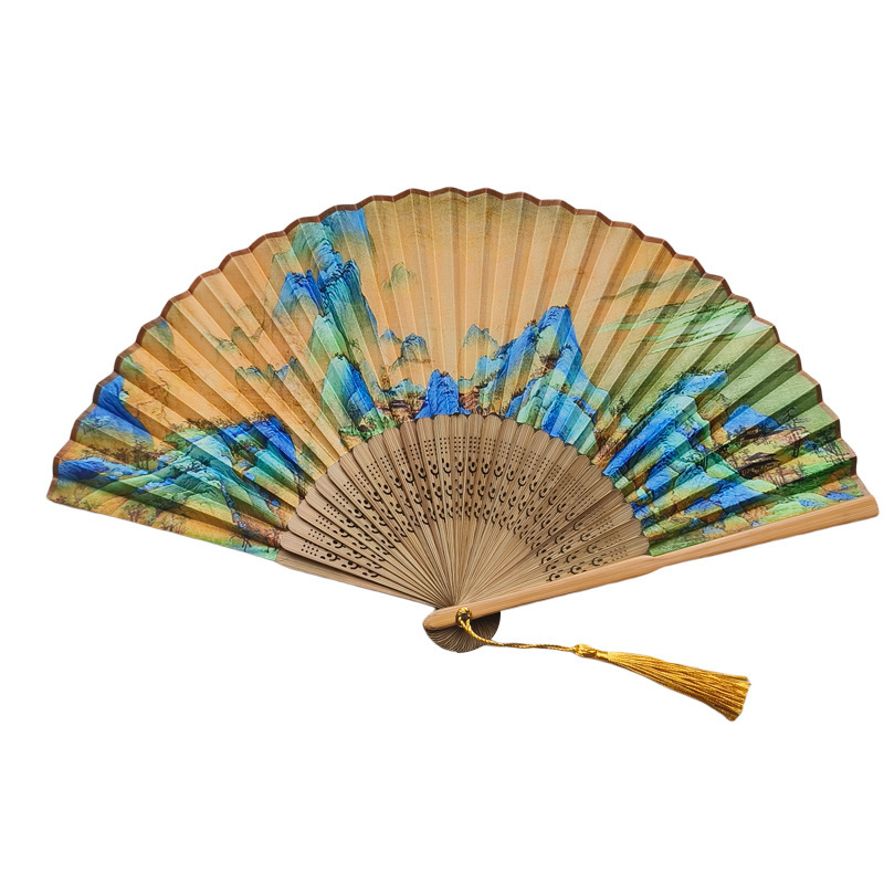 Hueso de bambú estampado soporte de hueso lateral serigrafía esculpida clásica elegante Gu Su ventilador pequeño ventilador masculino de seis pulgadas