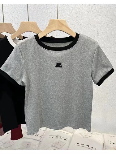 210g 40 pieces 1x1 ribbed cotton (92 cotton 8 spandex) embroidered fashionable women's T-shirt