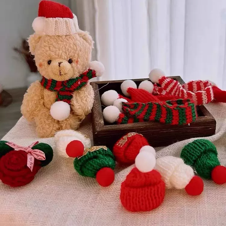 现货圣诞迷你尖顶小帽子针织毛线小围巾公仔玩具 娃娃蛋糕装饰品