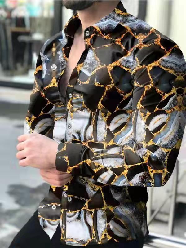 跨境外贸新款男3D印花欧美休闲街潮数码印花长袖衬衫男款修身衬衣|undefined