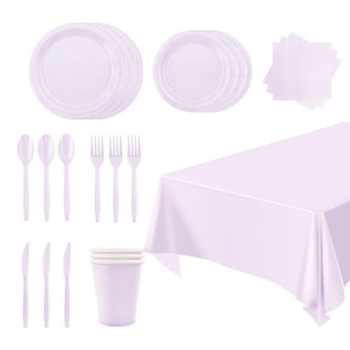 New Pure Color Series Tableware Set, Taro Purple Paper Plates, Paper Cups, Paper Towels, Tablecloth Disposable Party Supplies