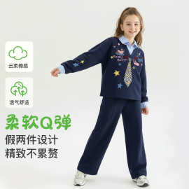 女宝宝春秋上衣学院风撞色两件套中大童春装拼接翻领卫衣卫裤套装