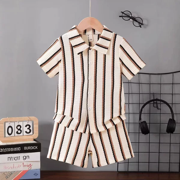 2026 Summer Boys' Classic Striped Lapel Short-Sleeve Shirt Casual Children's Set