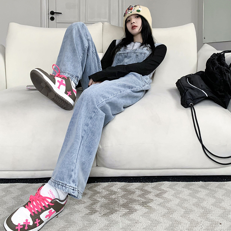 爆款牛仔阔腿背带裤女2025韩版显瘦高腰宽松减龄拖地牛仔背带裤子|undefined