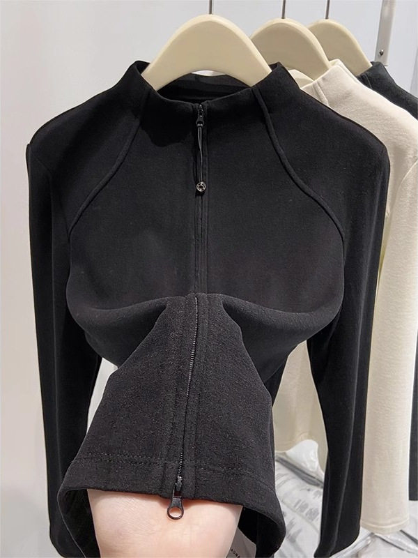 Áo khoác cardigan nữ dáng ôm cổ lọ nửa, khóa kéo đôi, tay dài, chất nhung Đức dày — màu xám đậm, màu đen, quả mơ