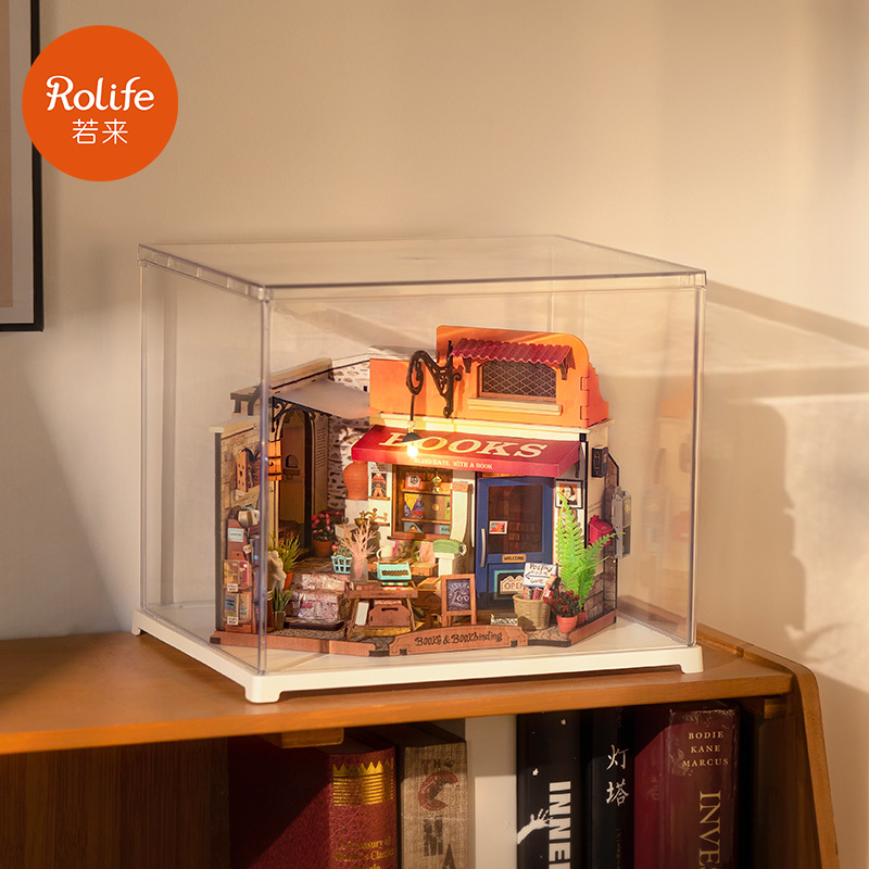 Rollife Ruo Lai DIY Casa hecha a mano Esquina Librería Casa de arte Casa pequeña en miniatura Modelo de ensamblaje Bloques de construcción Mujer