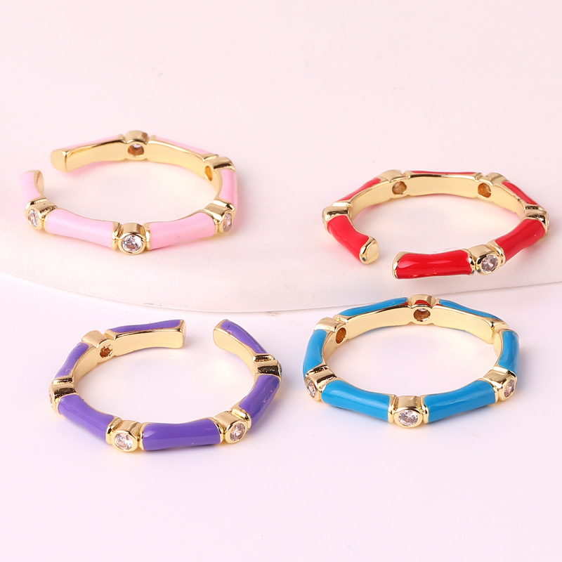 Simple Style Bamboo Copper Enamel Plating Inlay Rhinestones Open Ring 1 Piece