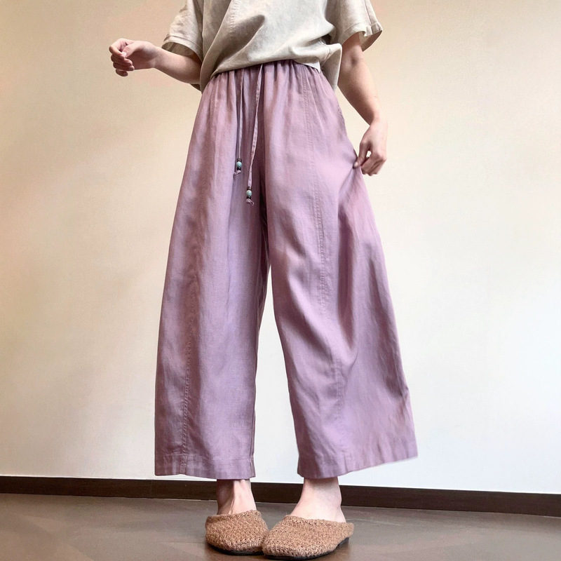 Japanese-Style Linen Casual Wide-Leg Pants for Women, Summer Thin, Lazy Style, High-Waisted, Loose Fit, Petite, Cropped Carrot Dad Pants