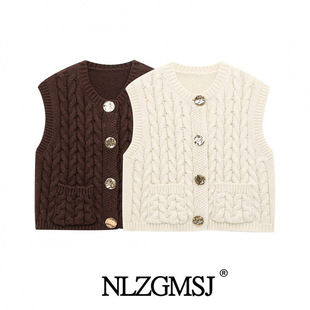 2025 Spring New Women's Clothing European and American-style Fashion Simple All-match Twist Gold Button Coarse Needle Vest