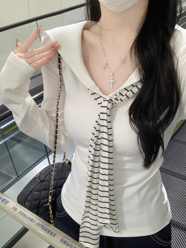 撞色条纹海军领假两件长袖T恤女春秋拼接学院风韩版修身显瘦上衣|undefined
