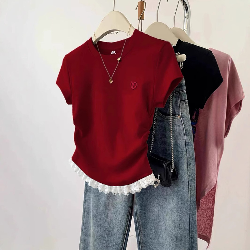 Red Lace Short-sleeved T-shirt Women's 2025 Early Summer Wear Slim-fit Slimming Sweet Spice Girl Short Shoulder Top