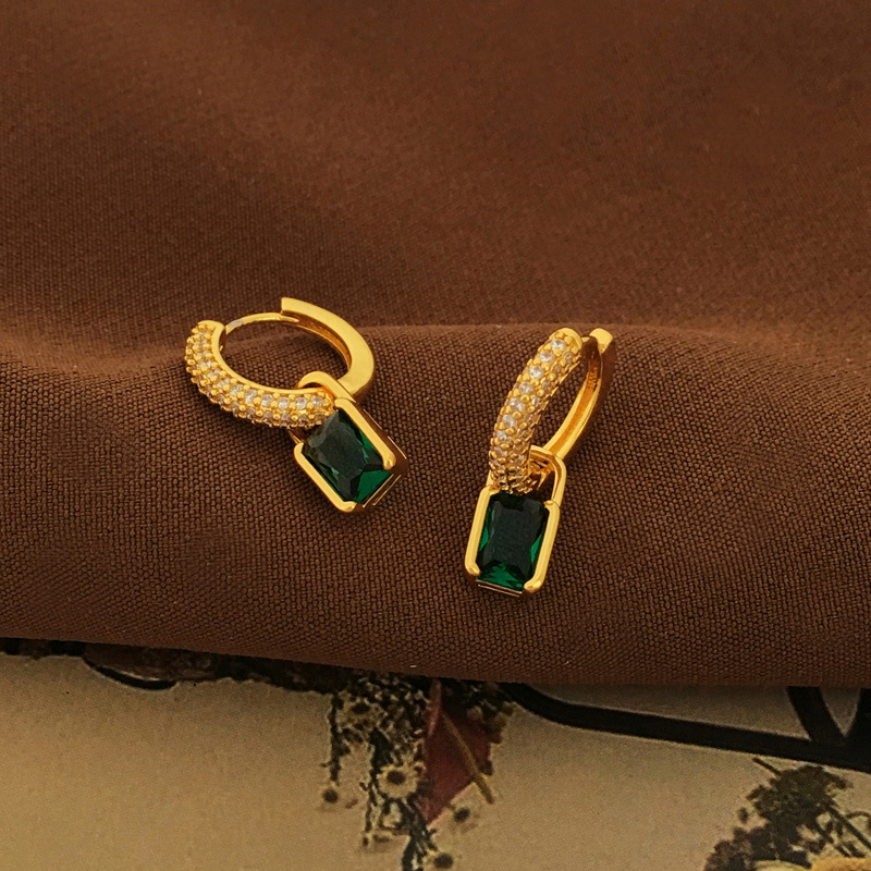 Copper retro green geometric earrings with zircon