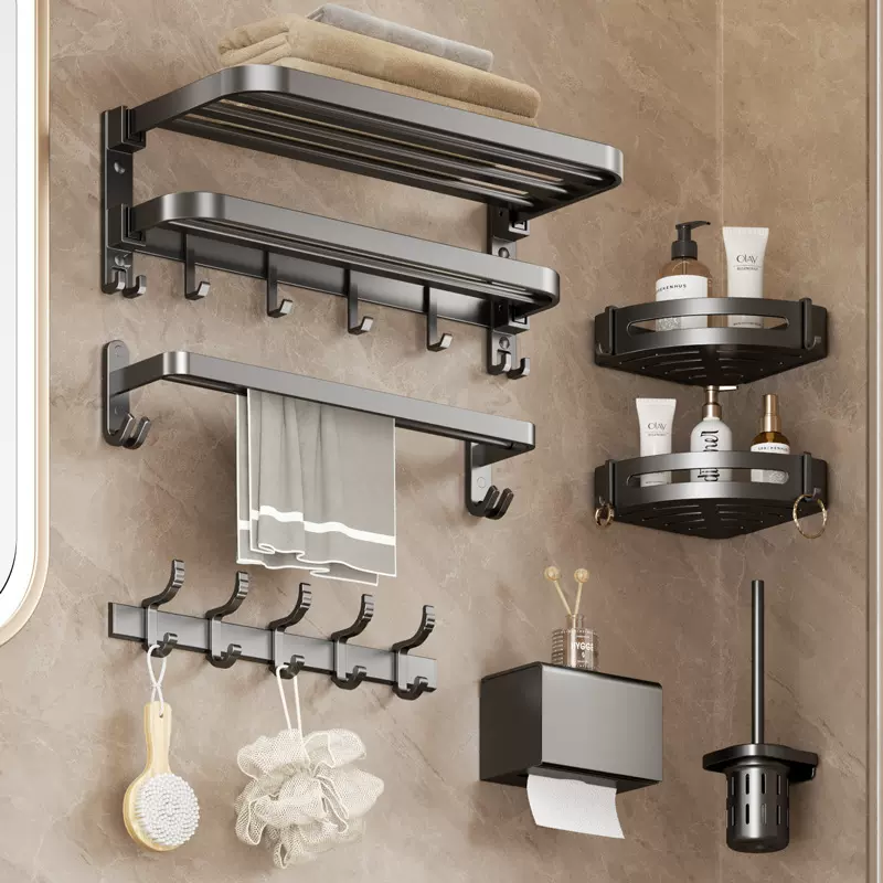 毛巾架免打孔卫生间浴巾架杆置物架一体浴室厕所卫浴五金挂件套装