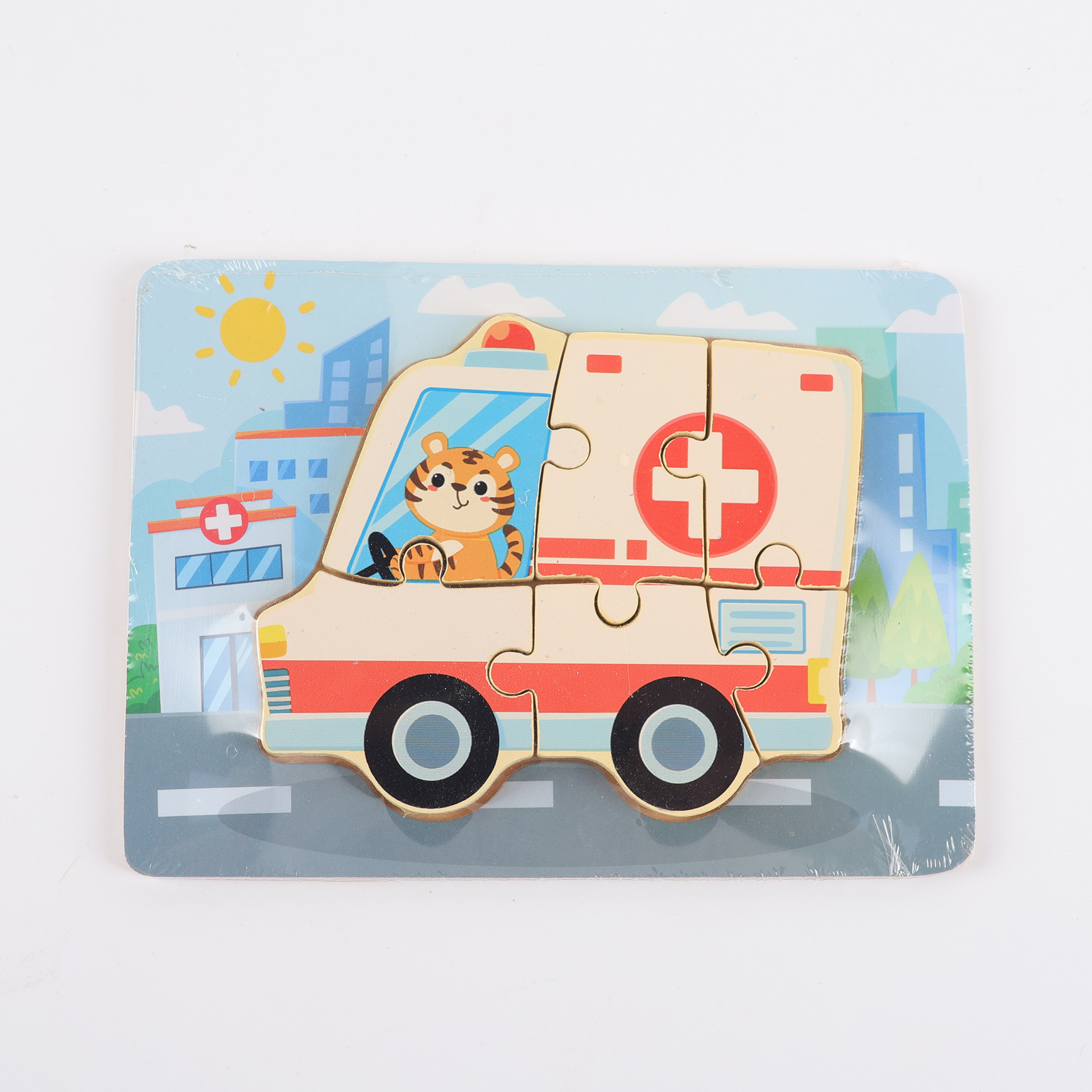 Puzzle de madera plano pequeño puzzle infantil juguetes de dibujos animados animales de tráfico cognitivo bloque al por mayor