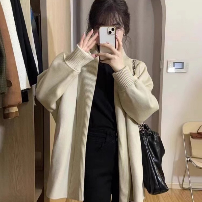 复古法式黑色毛衣外套开衫女秋冬季新款宽松慵懒风中长款针织上衣|undefined
