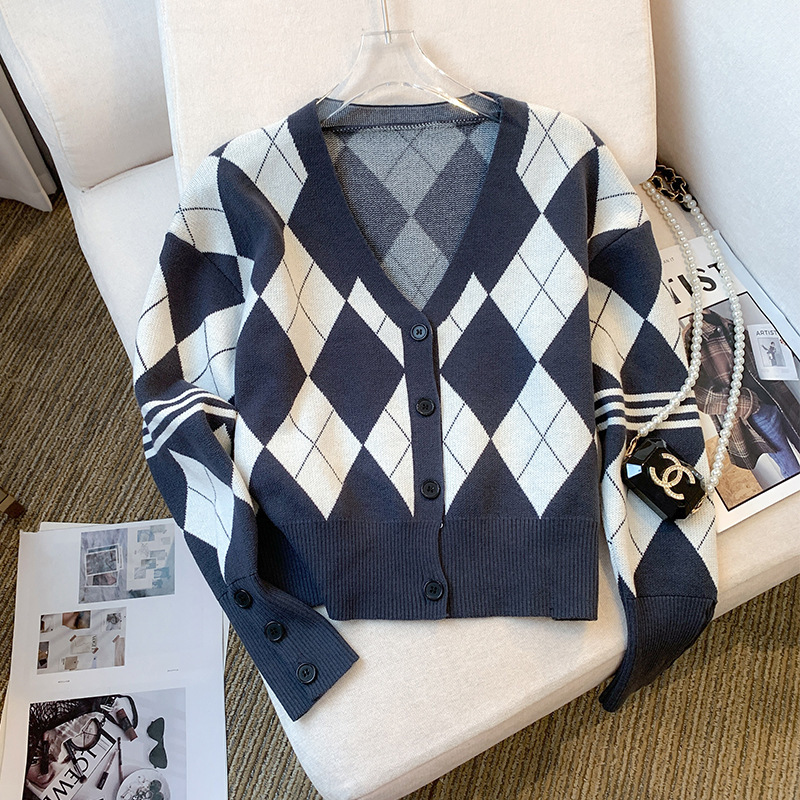 Real shot in stock autumn new design diamond Plaid chic top sweater sweater cardigan for women Real shot in stock autumn new design diamond Plaid chic top sweater sweater cardigan for women