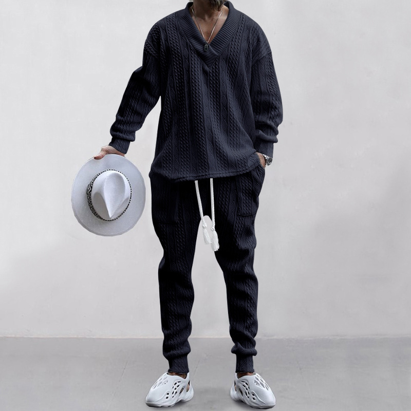 Set autunnale uomo maglieria jacquard con pantaloni collo a v_voghion.com