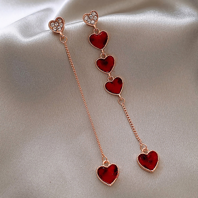 Simple Asymmetric Set With Rhinestones Red Heart Chain Earrings Wholesale display picture 1