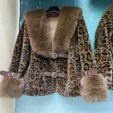冬金貂绒豹纹大衣双色毛领韩版宽松气质仿水貂一体毛毛衣狐狸毛