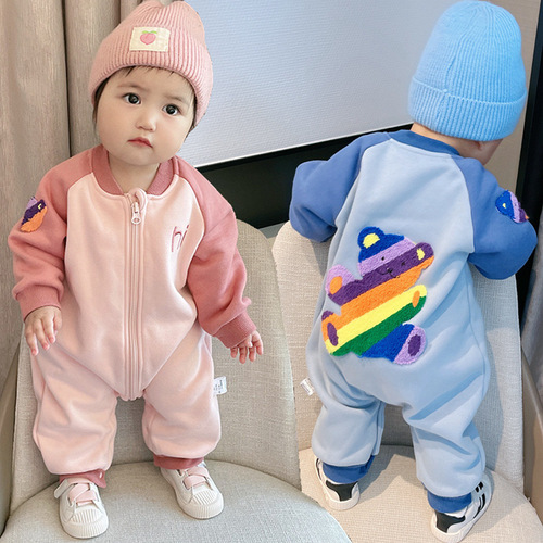 Baby Warmth Onesie, Toddler Long-Sleeve Pajama Top, Newborn Children Outer Wear, Fleece Lined, Thick Outing Crawling Suit, Spring, Autumn, Winter