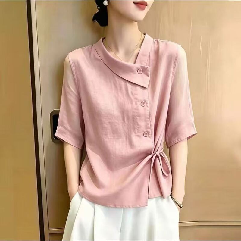 French-Style Lace-Up Mid-Sleeve Shirt for Women, Summer 2026 New Model, High-End, Stylish, Youthful, Irregular, Versatile Top French-Style Lace-Up Mid-Sleeve Shirt for Women, Summer 2026 New Model, High-End, Stylish, Youthful, Irregular, Versatile Top