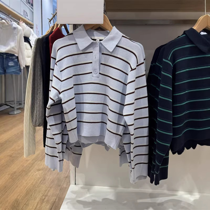 Japanese-Style Women's Clothing, Soft Cotton Polo Collar Striped Long-Sleeve Knit Sweater/Sweater 484503 482971