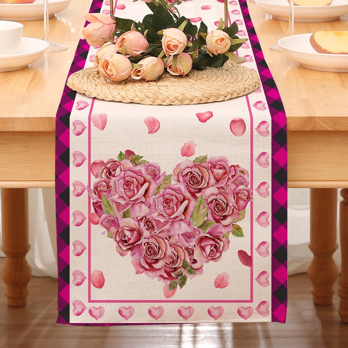 Camino de mesa temático de San Valentín para decoración transfronteriza, mantel rojo estampado de Amazon, decoración de restaurante, estilo nórdico, decoración del hogar, tira larga