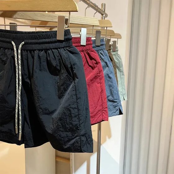 Washed Pure Cotton Thin Side Slit High Waist Drawstring Casual Shorts Women's Summer All-match Slimming Wide Leg Pants A- shaped Hot Pants