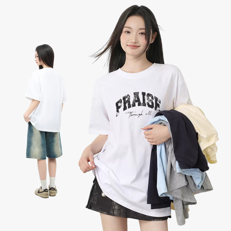 夏季2025美式复古T恤男女圆领宽松字母印花潮牌短袖慵懒风打底上