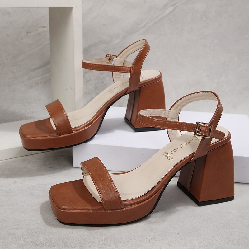 Retro Brown Thick-Heeled Open-Toe Sandals for Women, New Summer Style, Thick-Soled Waterproof Platform, One-Strap Fashion Comfortable High-Heeled Shoes