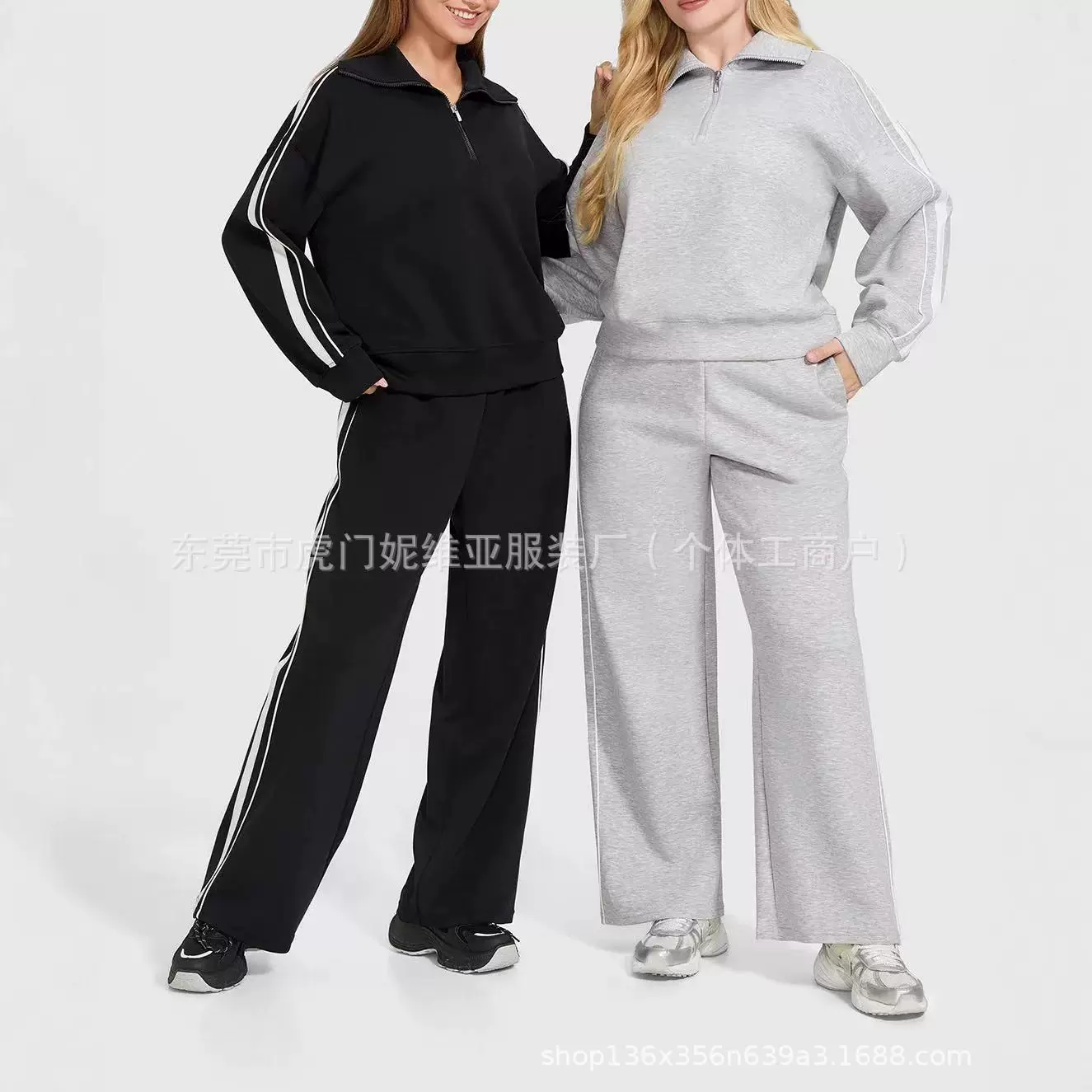 欧美跨境侧边条纹运动衫卫裤女秋冬宽松潮牌百搭运动休闲长裤套装