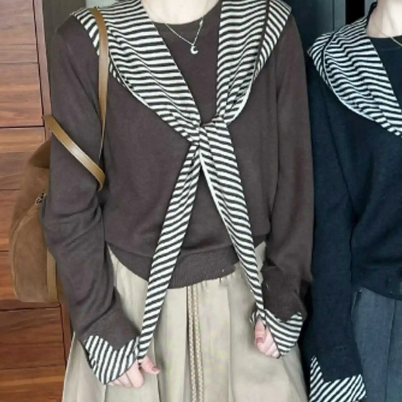 韩系学院风条纹披肩长袖针织衫女早秋季穿搭宽松显瘦时尚休闲上衣|undefined
