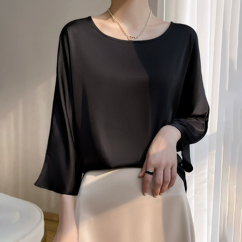 Round-neck women's pullover, satin-look emulation silk, thin commuter base shirt, 3/4 sleeves