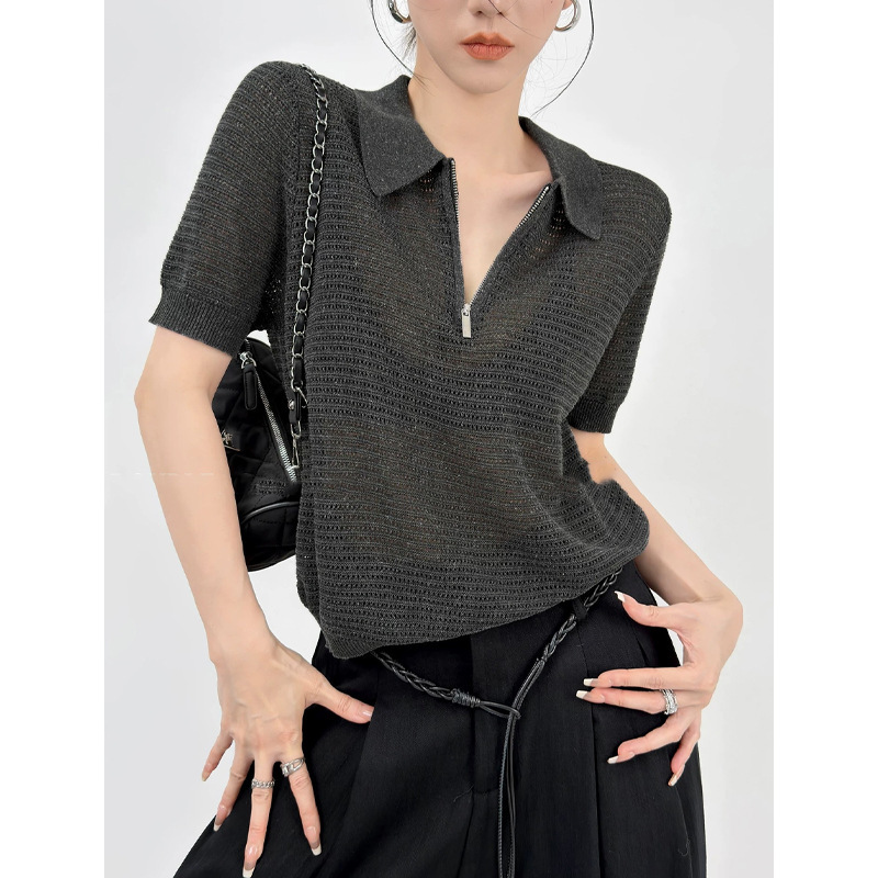 Old Money Style Lapel Half-Zip Hollow-Out Knit Sweater for Women, Summer Short-Sleeve Breathable Commuter Top
