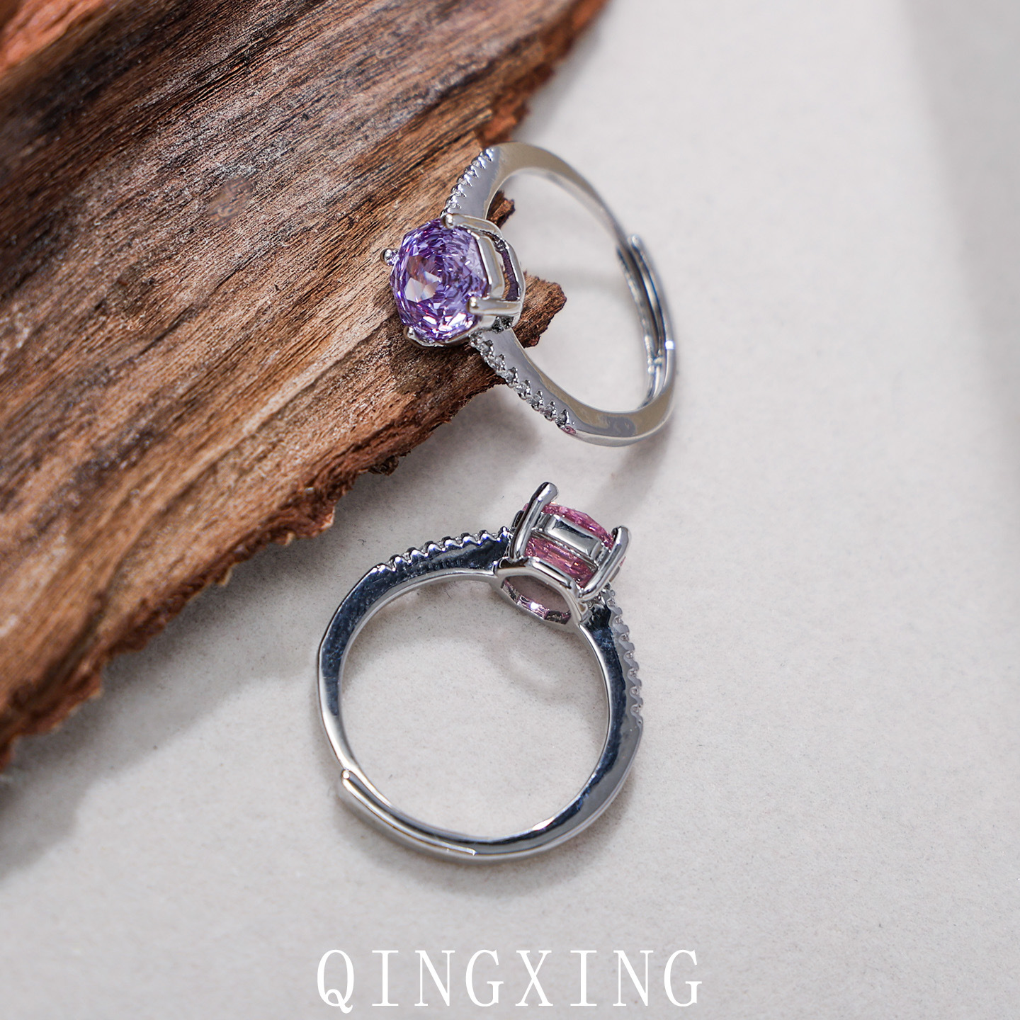 Modischer und hochwertiger Millennium-Ring im Rosenschliff mit verstellbarem, leicht luxuriösem rosa Diamant und violettem Zirkon für Mädchen_voghion.com