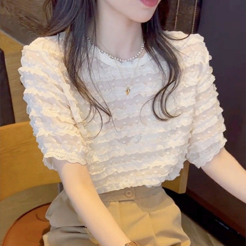 2026 Summer New Style Elegant Lace Short-Sleeved Chiffon Shirt for Women, Chic and Beautiful Blouse, Sweet Top