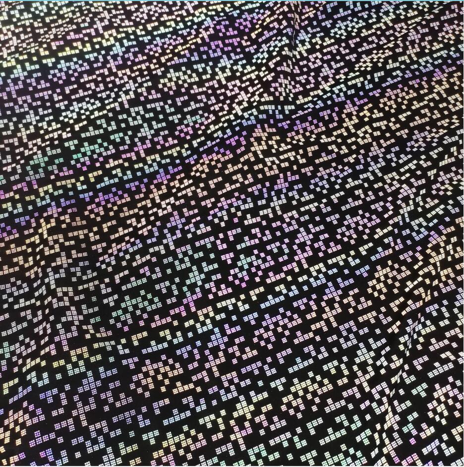 工厂热转印花反光面料七彩反光布服装 俄罗斯小方块弹力反光面料