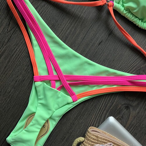  cross-border new bikini chain sexy backless split swimsuit nylon stitching color bikini