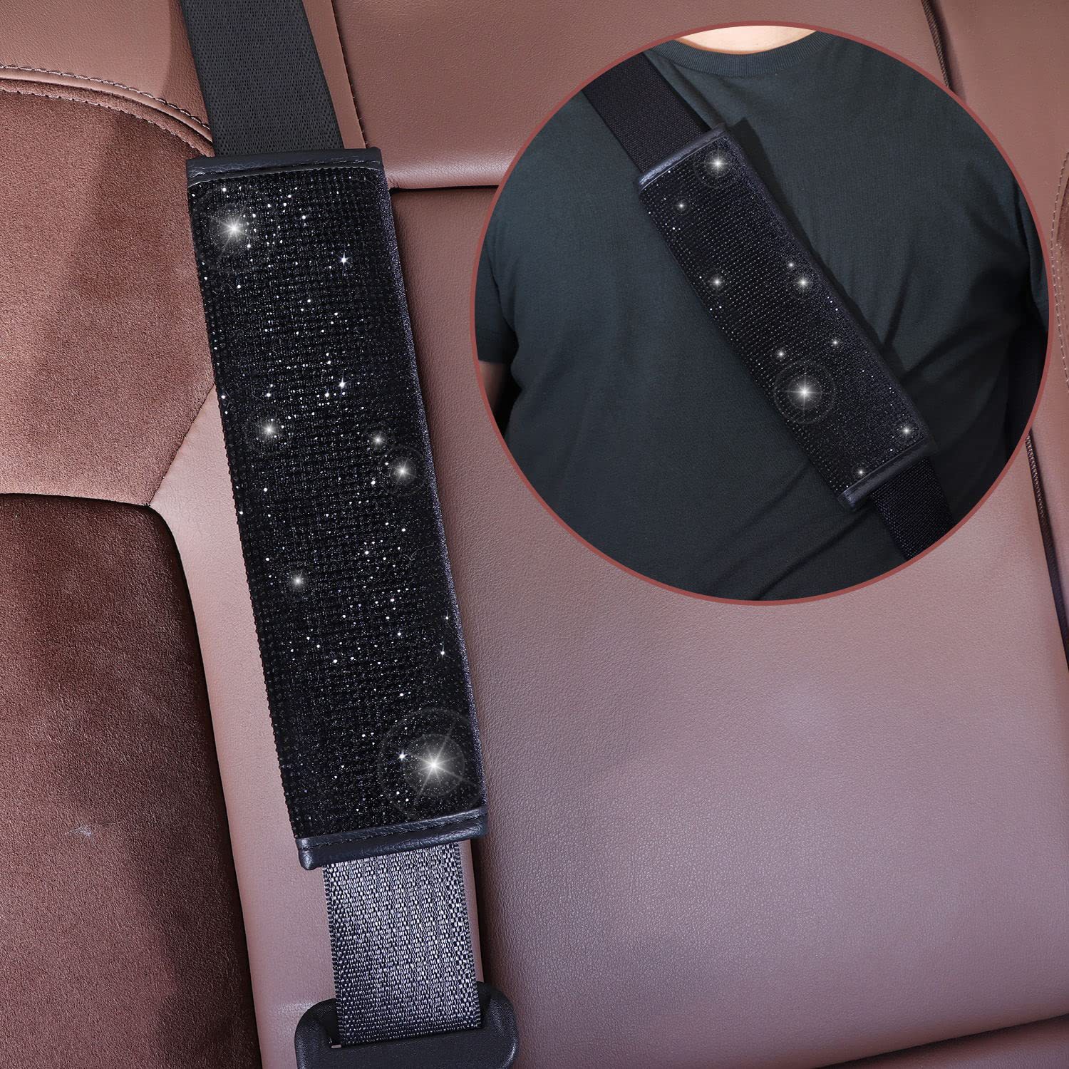 8-Piece Car Diamond-Encrusted Decorative Set: Steering Wheel Cover, Ignition Ring, Seat Belt Shoulder Pads, Cup Mat, Gear Shift Cover
