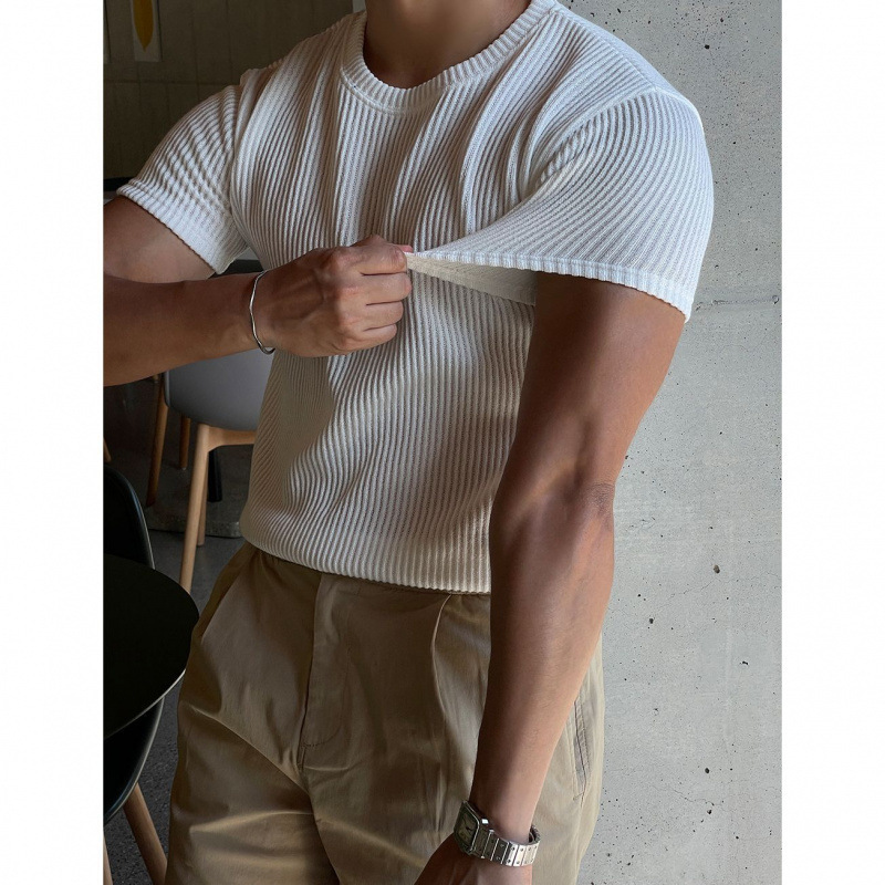 Summer New Round Neck Men's Textured Sports Trendy Casual Pullover Muscle Slim Threaded Short-Sleeved Fitness T-Shirt Summer New Round Neck Men's Textured Sports Trendy Casual Pullover Muscle Slim Threaded Short-Sleeved Fitness T-Shirt
