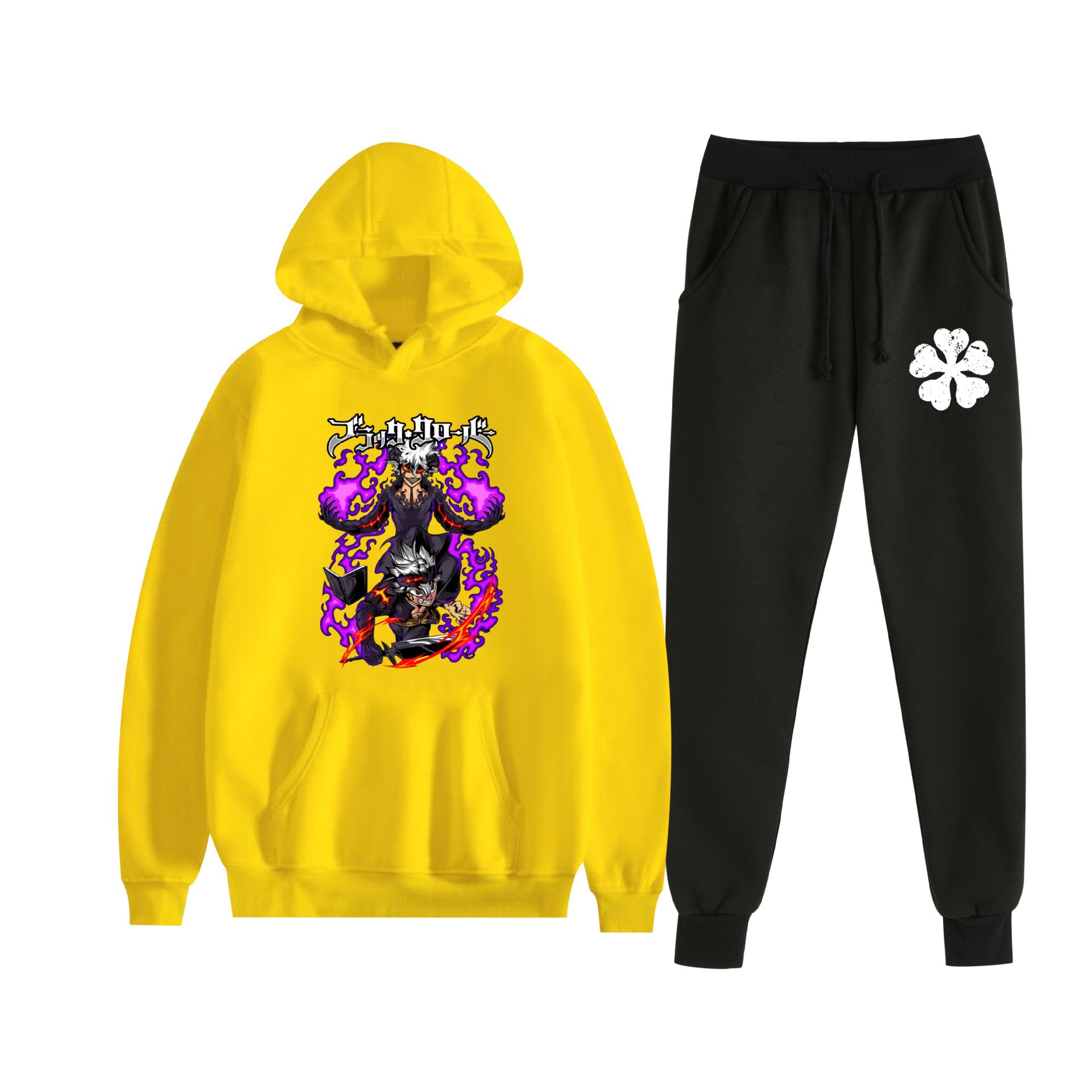 Europa y América otoño e invierno negro trébol de cuatro hojas periférico bidimensional hombres y mujeres deportes de ocio más suéter con capucha de terciopelo traje al por mayor