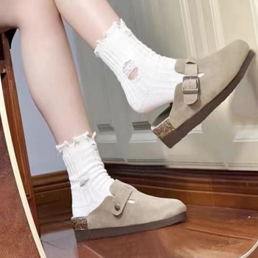 【现货】厚底版三喜真皮勃肯鞋秋新款外穿钓鱼博肯鞋包头半拖鞋女