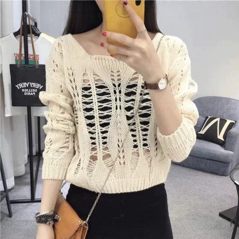 American Retro Niche Style Distressed Knit Top, New Loose Hollow-Out Versatile Trendy Top for Spring and Summer American Retro Niche Style Distressed Knit Top, New Loose Hollow-Out Versatile Trendy Top for Spring and Summer