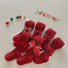 2022秋冬款兒童連褲襪蝴蝶結女童打底褲紅色聖誕襪精梳棉寶寶襪子