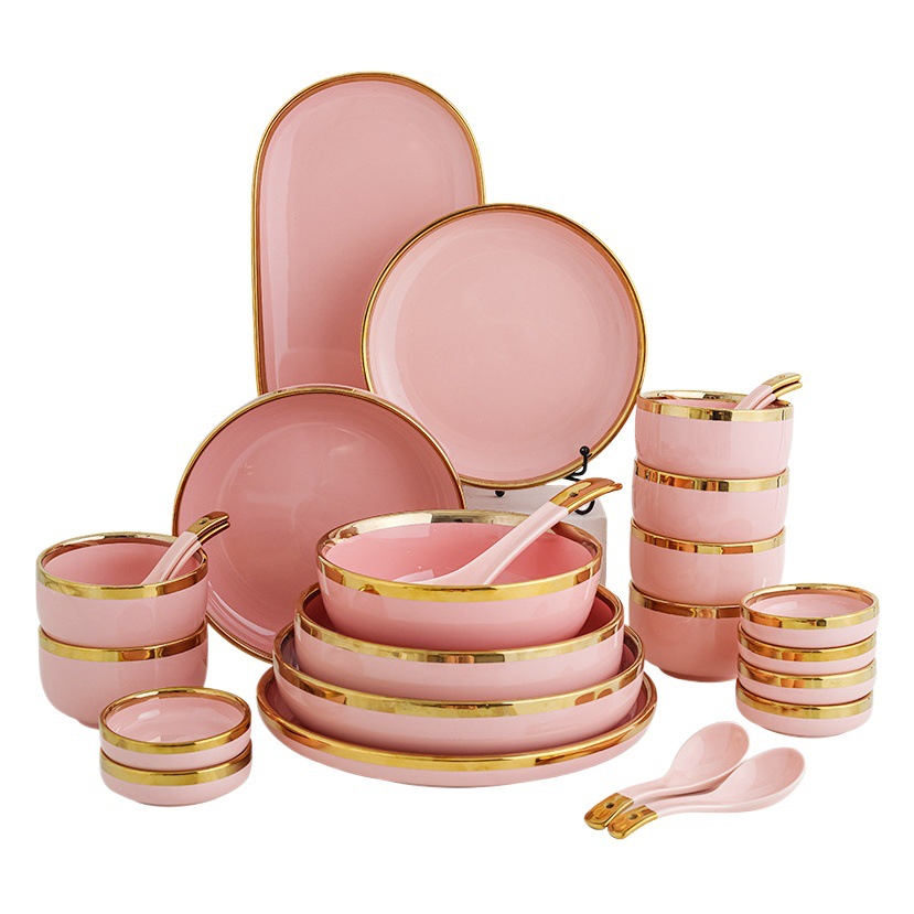 Nórdico de lujo ligero tazón y plato traje hogar niña rosa de alto aspecto borde dorado vajilla tazón de cerámica y combinación de plato traje de celebridad de Internet