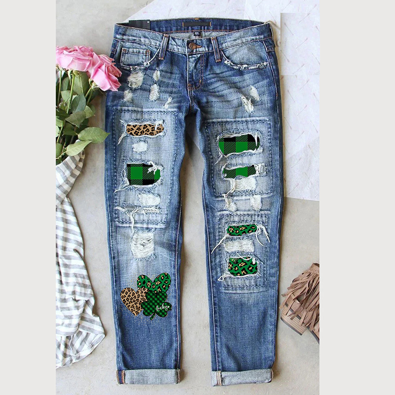 St Patrick's day women's casual pants 2023 Amazon new cross-border printed ripped pants jeans for women